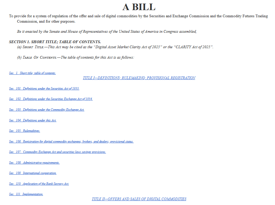 CLARITY Act (Ley de Claridad del Mercado de Activos Digitales de 2025) EEUU 1 CLARITY Act (Ley de Claridad del Mercado de Activos Digitales de 2025) EEUU
