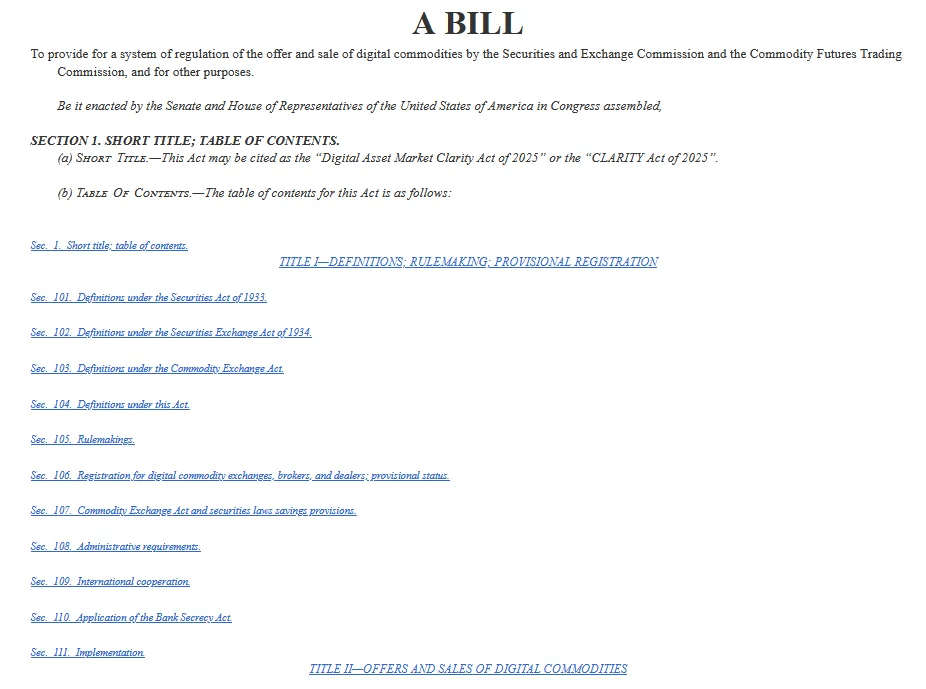 CLARITY Act (Ley de Claridad del Mercado de Activos Digitales de 2025) EEUU